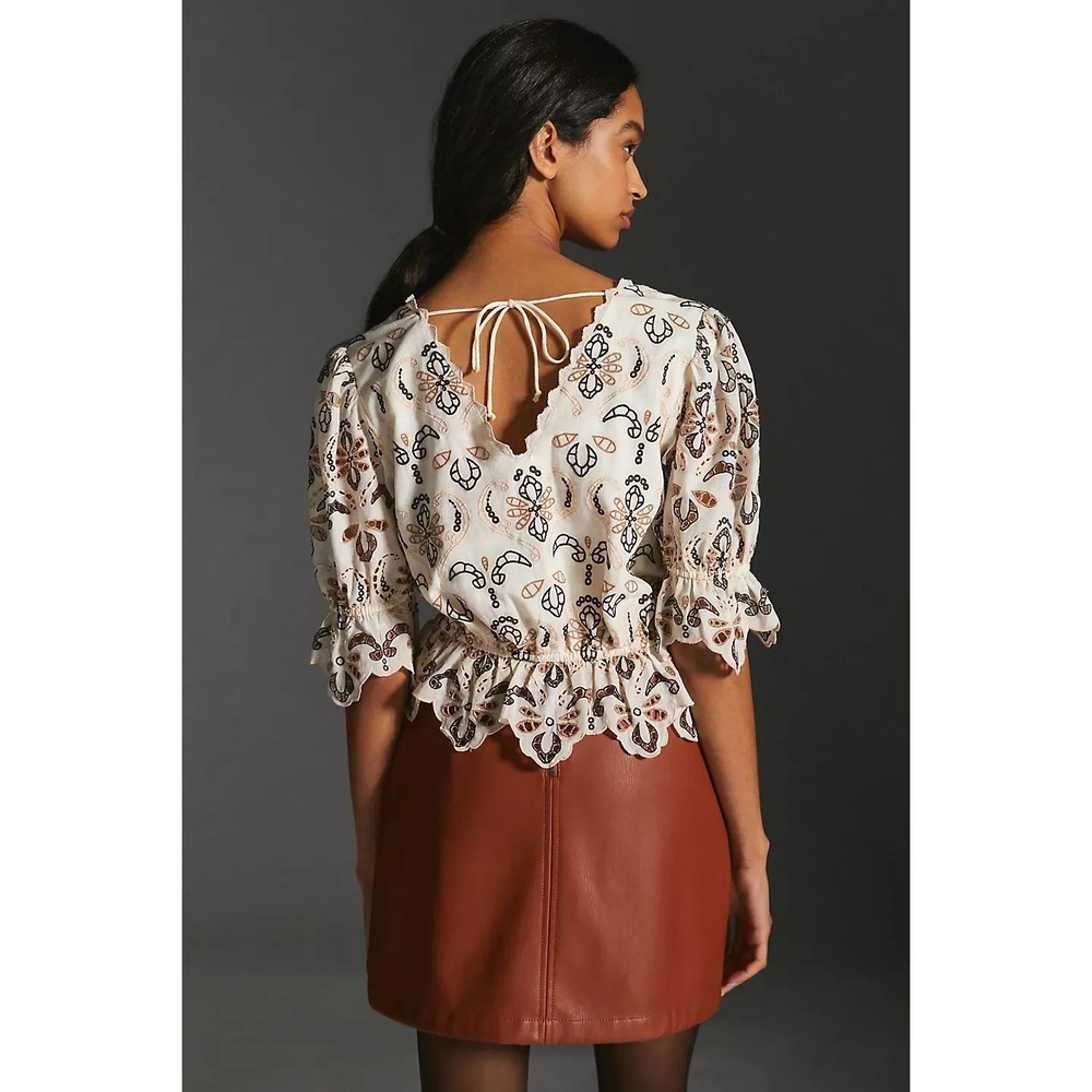 NWT By Anthropologie Embroidered Eyelet Blouse Cotton Size Medium Milkmaid Boho - Picture 11 of 16